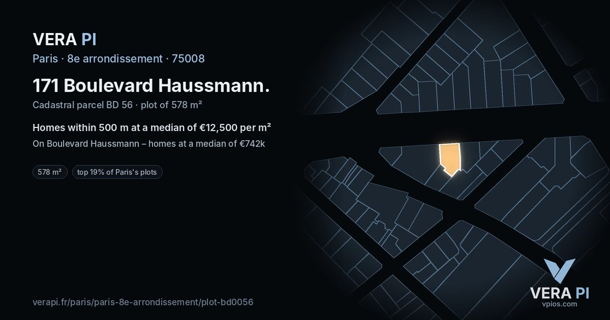 171 Boulevard Haussmann, 8e arrondissement at night – the plot lit, the parcels around coloured by the prices near them