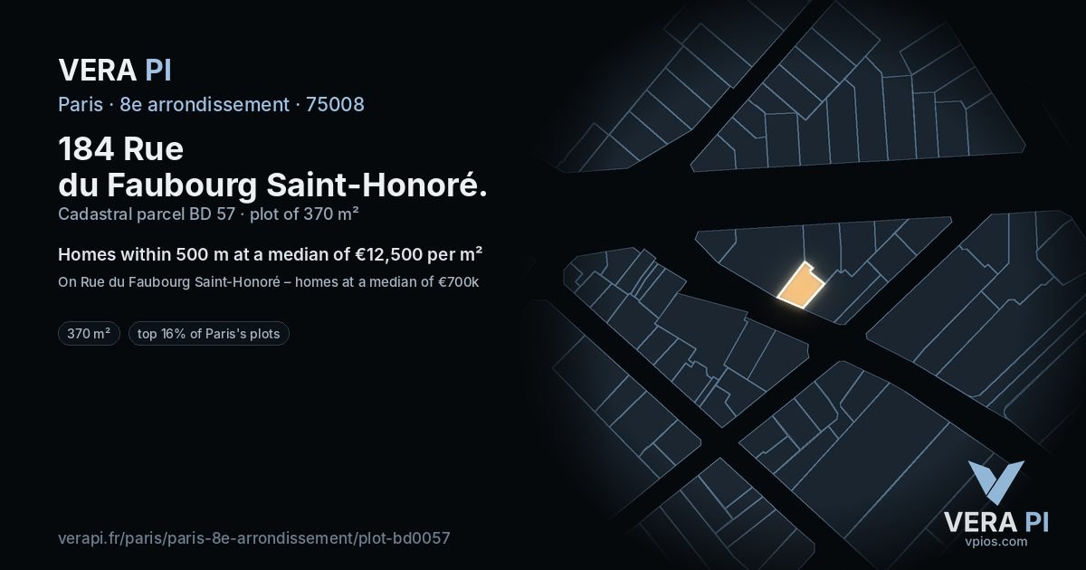 184 Rue du Faubourg Saint-Honoré, 8e arrondissement at night – the plot lit, the parcels around coloured by the prices near them