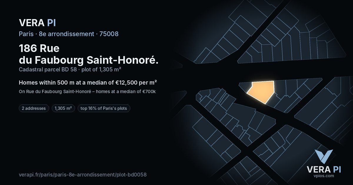 186 Rue du Faubourg Saint-Honoré, 8e arrondissement at night – the plot lit, the parcels around coloured by the prices near them