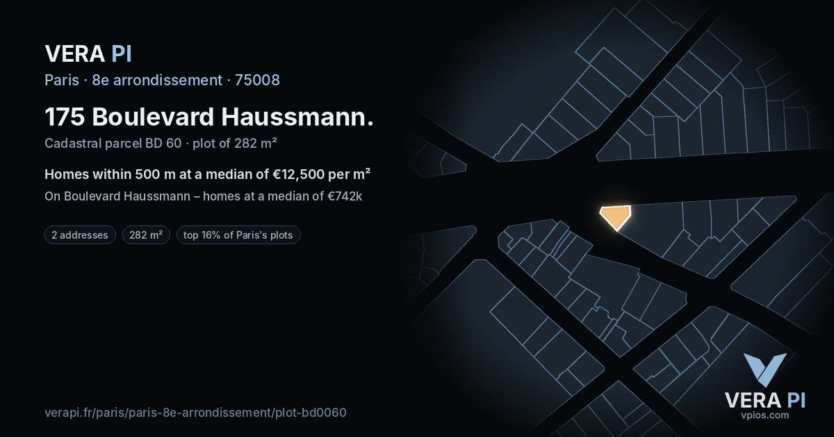 175 Boulevard Haussmann, 8e arrondissement at night – the plot lit, the parcels around coloured by the prices near them