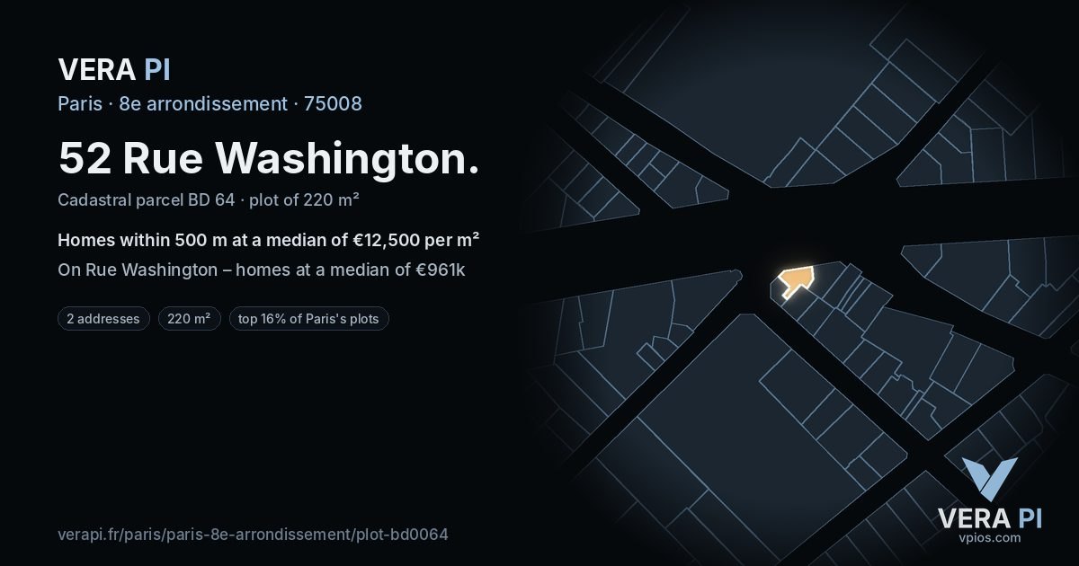 52 Rue Washington, 8e arrondissement at night – the plot lit, the parcels around coloured by the prices near them