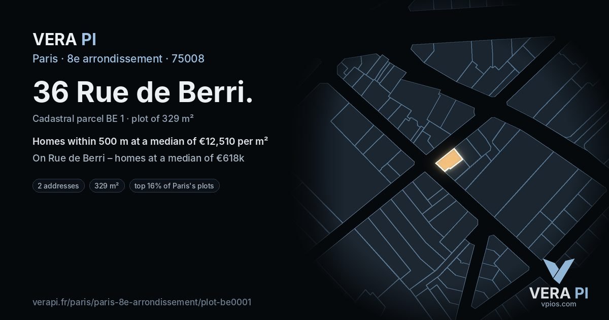 36 Rue de Berri, 8e arrondissement at night – the plot lit, the parcels around coloured by the prices near them