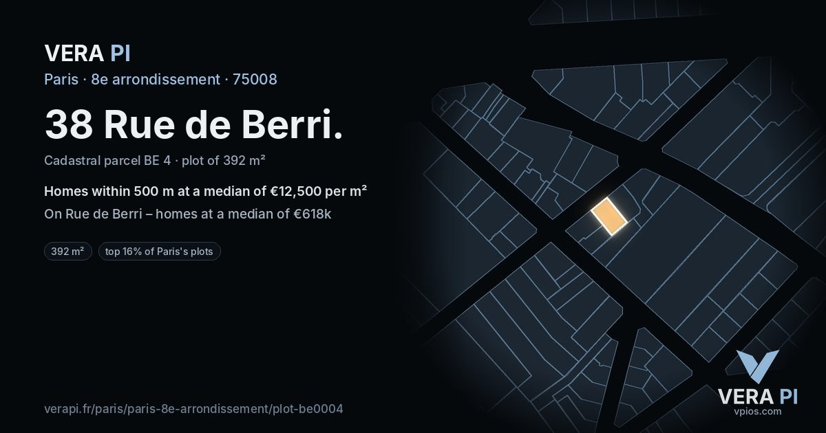 38 Rue de Berri, 8e arrondissement at night – the plot lit, the parcels around coloured by the prices near them