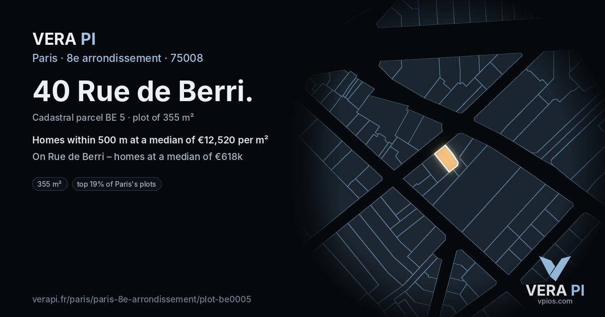 40 Rue de Berri, 8e arrondissement at night – the plot lit, the parcels around coloured by the prices near them