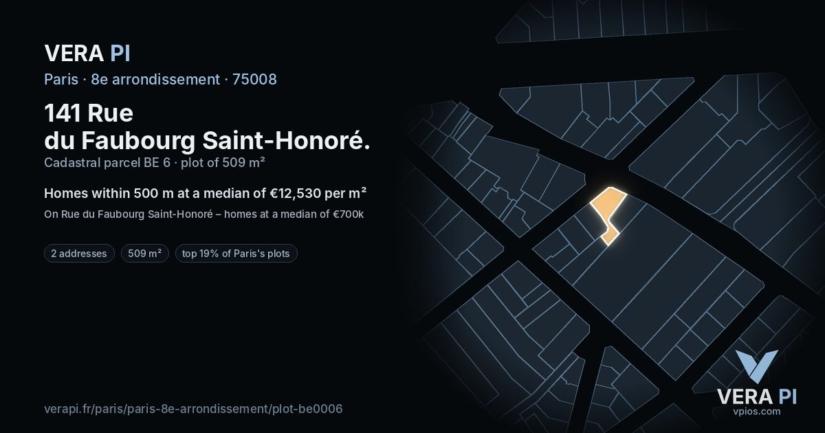 141 Rue du Faubourg Saint-Honoré, 8e arrondissement at night – the plot lit, the parcels around coloured by the prices near them