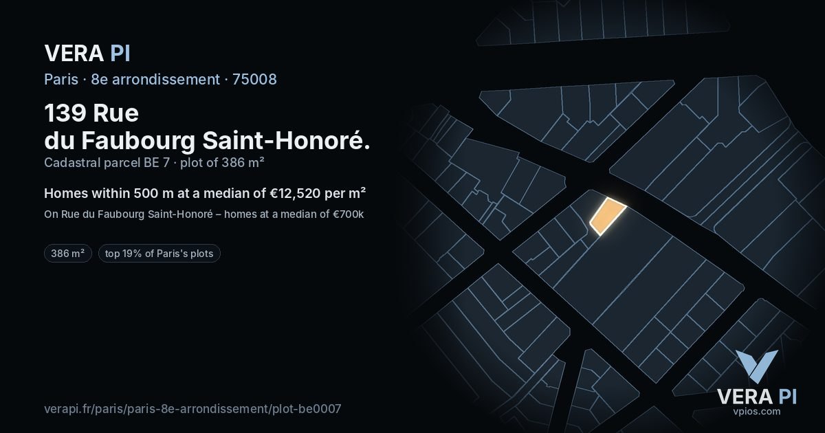 139 Rue du Faubourg Saint-Honoré, 8e arrondissement at night – the plot lit, the parcels around coloured by the prices near them
