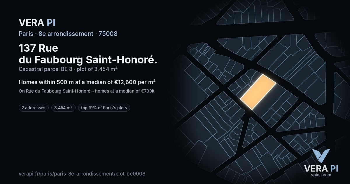 137 Rue du Faubourg Saint-Honoré, 8e arrondissement at night – the plot lit, the parcels around coloured by the prices near them