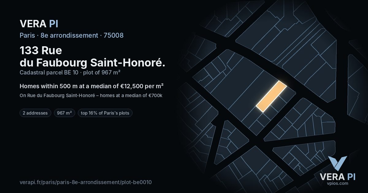 133 Rue du Faubourg Saint-Honoré, 8e arrondissement at night – the plot lit, the parcels around coloured by the prices near them