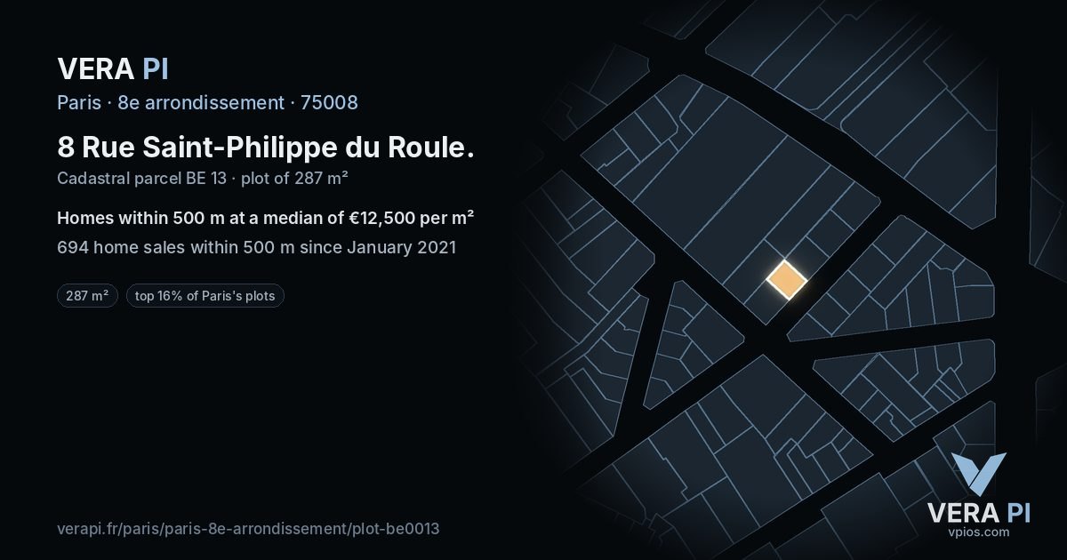 8 Rue Saint-Philippe du Roule, 8e arrondissement at night – the plot lit, the parcels around coloured by the prices near them