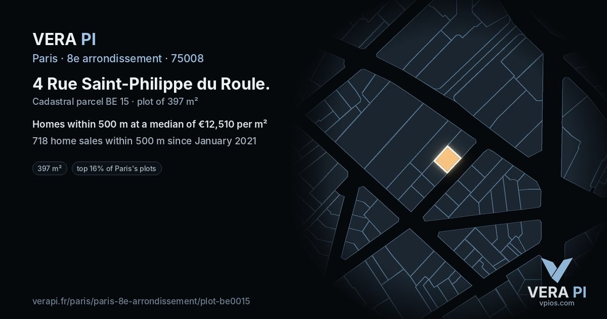 4 Rue Saint-Philippe du Roule, 8e arrondissement at night – the plot lit, the parcels around coloured by the prices near them
