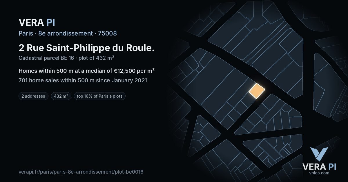 2 Rue Saint-Philippe du Roule, 8e arrondissement at night – the plot lit, the parcels around coloured by the prices near them