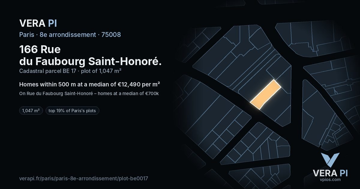 166 Rue du Faubourg Saint-Honoré, 8e arrondissement at night – the plot lit, the parcels around coloured by the prices near them