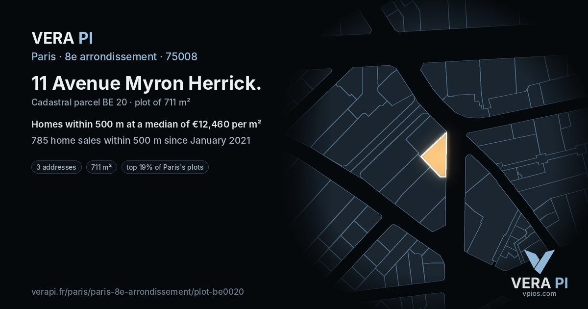 11 Avenue Myron Herrick, 8e arrondissement at night – the plot lit, the parcels around coloured by the prices near them