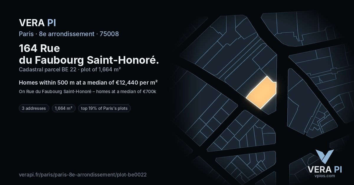 164 Rue du Faubourg Saint-Honoré, 8e arrondissement at night – the plot lit, the parcels around coloured by the prices near them