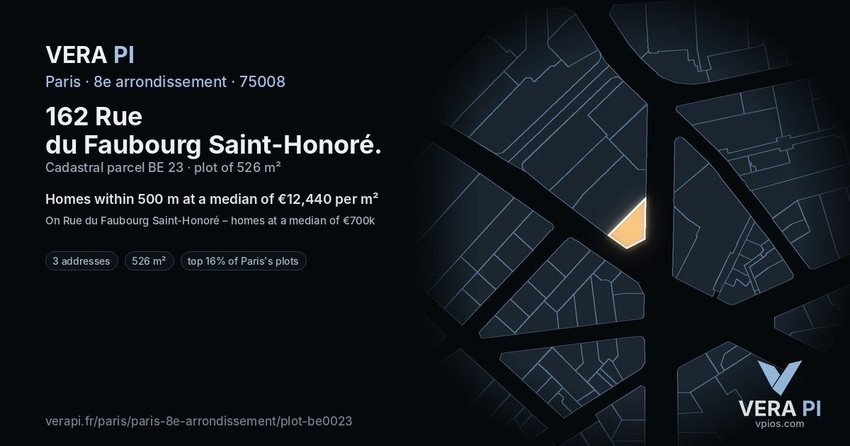 162 Rue du Faubourg Saint-Honoré, 8e arrondissement at night – the plot lit, the parcels around coloured by the prices near them