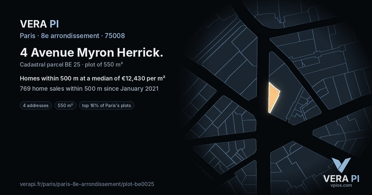 4 Avenue Myron Herrick, 8e arrondissement at night – the plot lit, the parcels around coloured by the prices near them