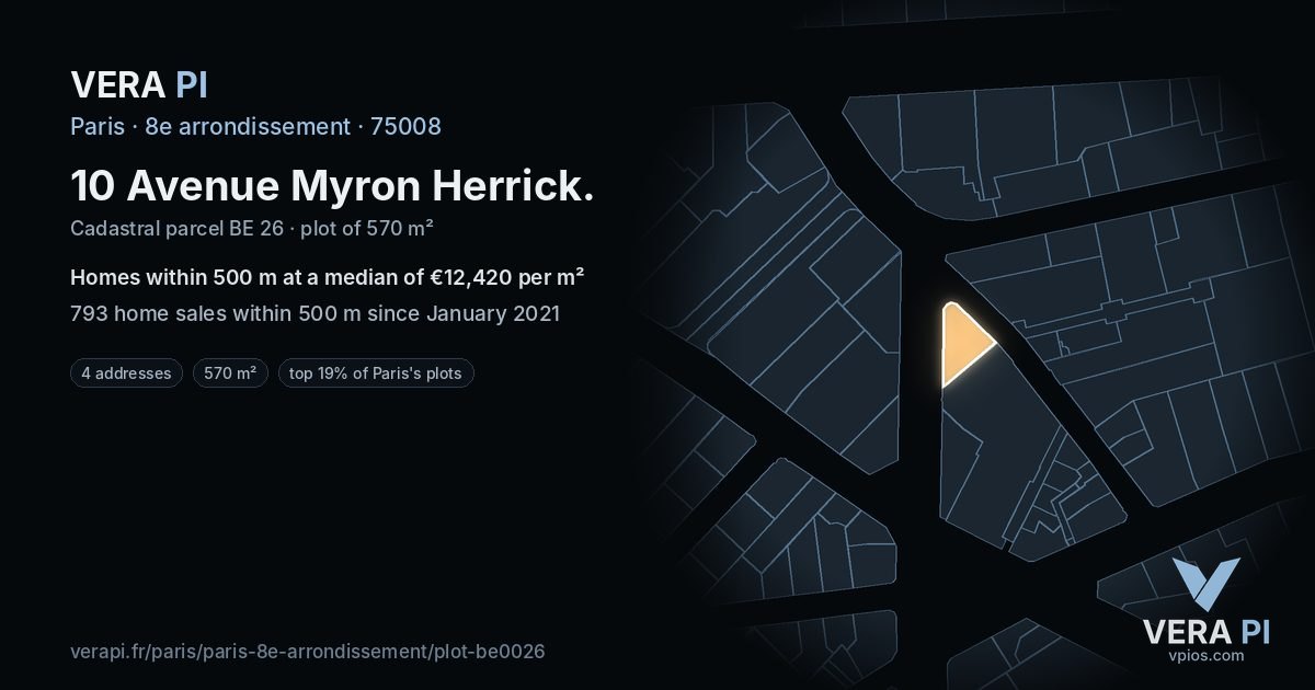 10 Avenue Myron Herrick, 8e arrondissement at night – the plot lit, the parcels around coloured by the prices near them