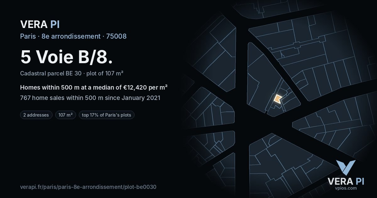 5 Voie B/8, 8e arrondissement at night – the plot lit, the parcels around coloured by the prices near them