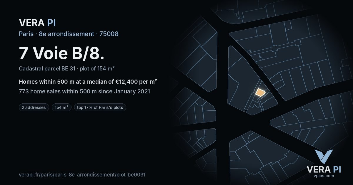 7 Voie B/8, 8e arrondissement at night – the plot lit, the parcels around coloured by the prices near them