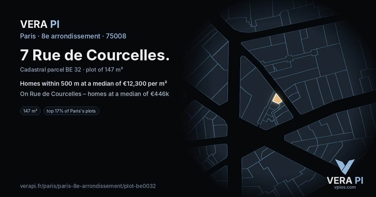7 Rue de Courcelles, 8e arrondissement at night – the plot lit, the parcels around coloured by the prices near them