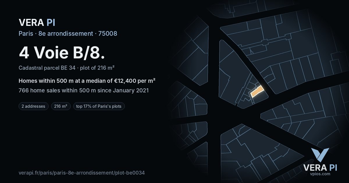 4 Voie B/8, 8e arrondissement at night – the plot lit, the parcels around coloured by the prices near them