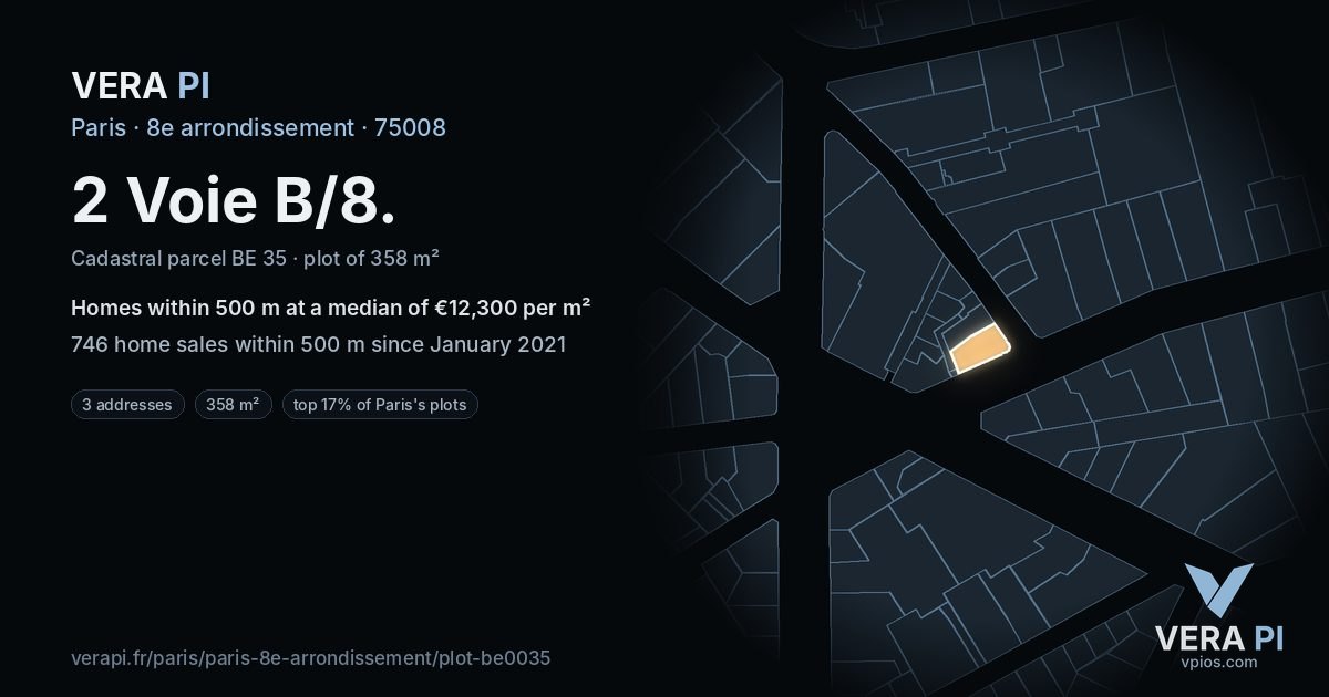 2 Voie B/8, 8e arrondissement at night – the plot lit, the parcels around coloured by the prices near them