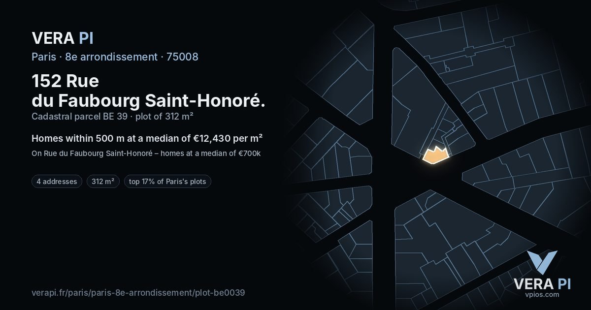 152 Rue du Faubourg Saint-Honoré, 8e arrondissement at night – the plot lit, the parcels around coloured by the prices near them