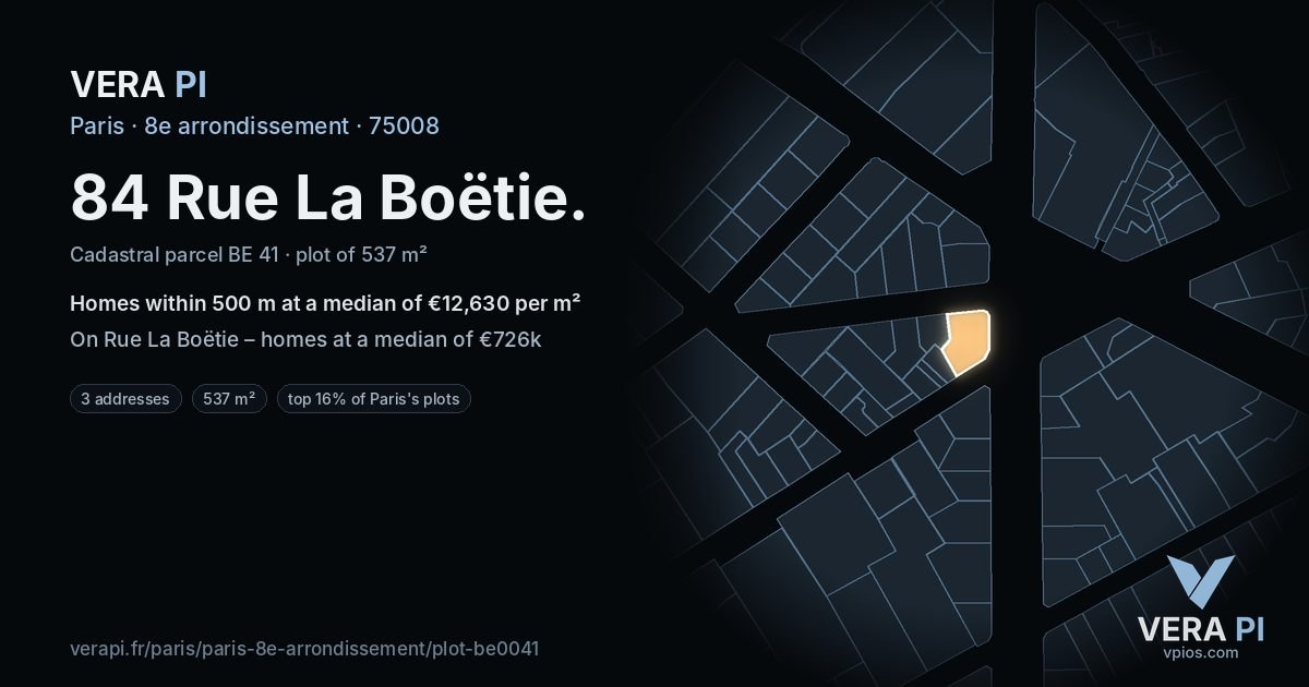 84 Rue La Boëtie, 8e arrondissement at night – the plot lit, the parcels around coloured by the prices near them