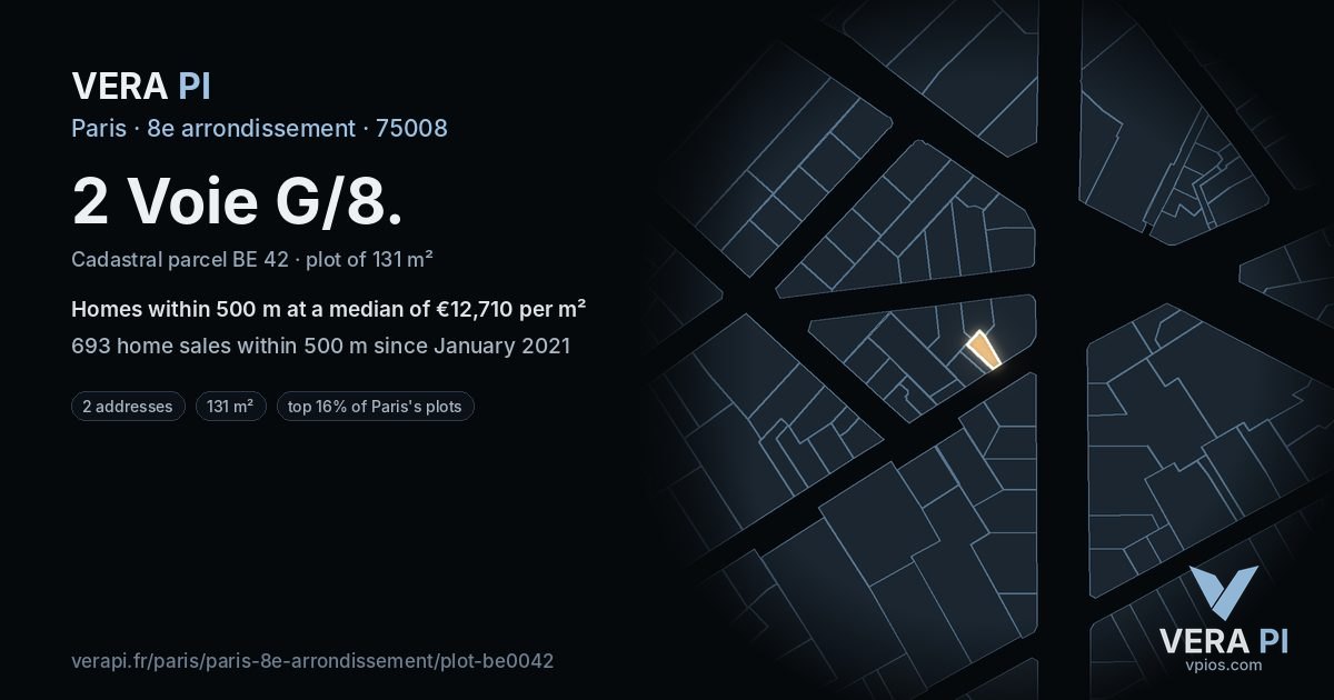 2 Voie G/8, 8e arrondissement at night – the plot lit, the parcels around coloured by the prices near them