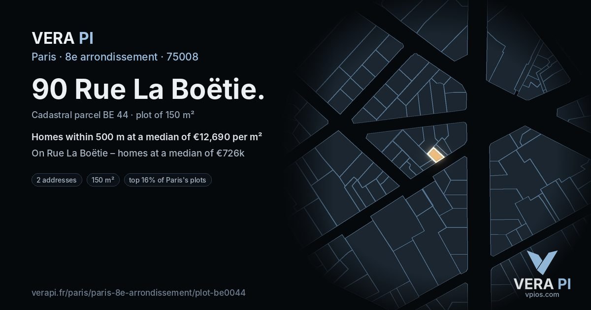 90 Rue La Boëtie, 8e arrondissement at night – the plot lit, the parcels around coloured by the prices near them