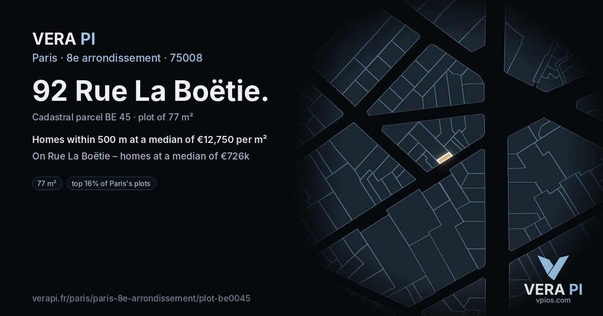 92 Rue La Boëtie, 8e arrondissement at night – the plot lit, the parcels around coloured by the prices near them