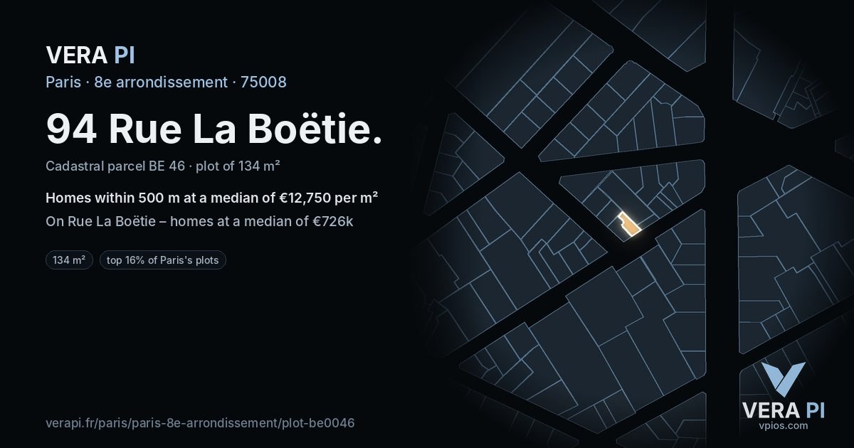 94 Rue La Boëtie, 8e arrondissement at night – the plot lit, the parcels around coloured by the prices near them