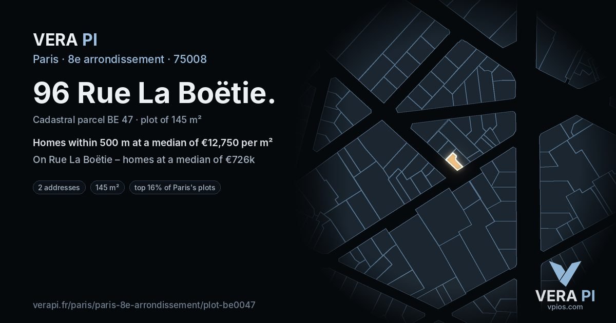 96 Rue La Boëtie, 8e arrondissement at night – the plot lit, the parcels around coloured by the prices near them