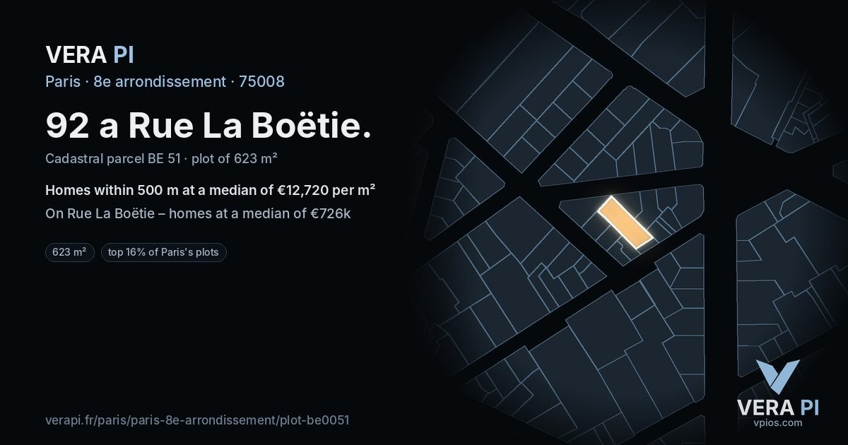92 a Rue La Boëtie, 8e arrondissement at night – the plot lit, the parcels around coloured by the prices near them