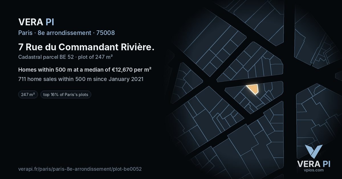 7 Rue du Commandant Rivière, 8e arrondissement at night – the plot lit, the parcels around coloured by the prices near them