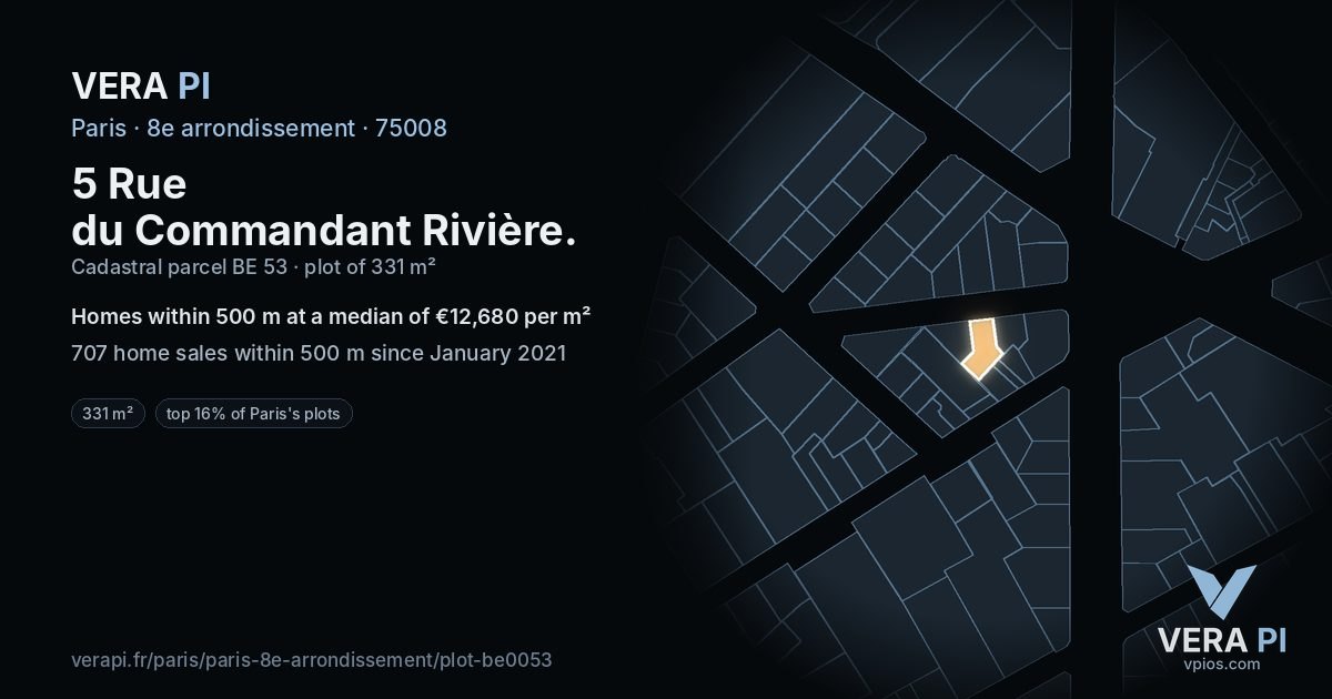 5 Rue du Commandant Rivière, 8e arrondissement at night – the plot lit, the parcels around coloured by the prices near them