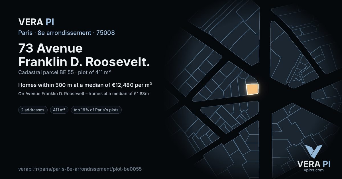 73 Avenue Franklin D. Roosevelt, 8e arrondissement at night – the plot lit, the parcels around coloured by the prices near them