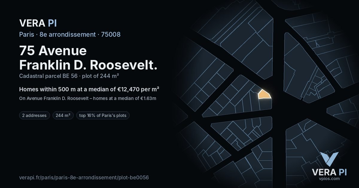 75 Avenue Franklin D. Roosevelt, 8e arrondissement at night – the plot lit, the parcels around coloured by the prices near them