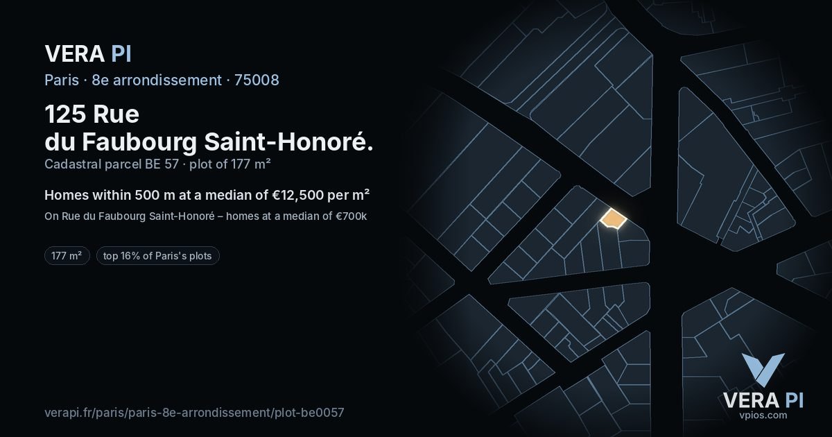 125 Rue du Faubourg Saint-Honoré, 8e arrondissement at night – the plot lit, the parcels around coloured by the prices near them