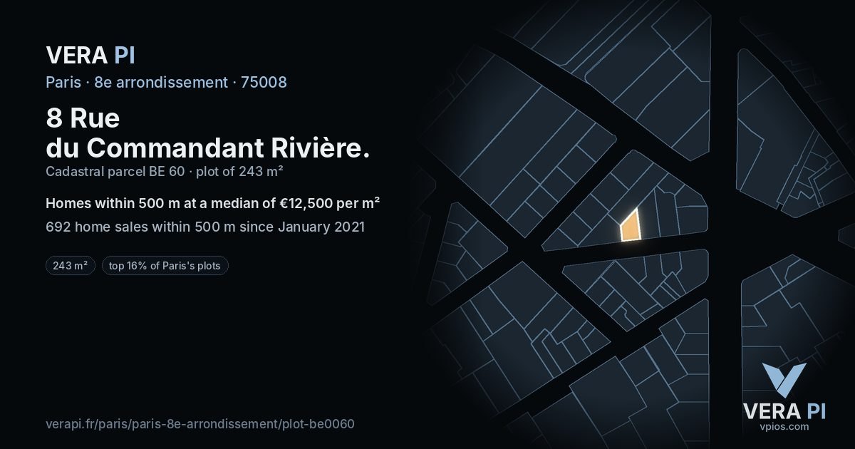 8 Rue du Commandant Rivière, 8e arrondissement at night – the plot lit, the parcels around coloured by the prices near them