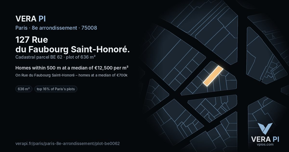 127 Rue du Faubourg Saint-Honoré, 8e arrondissement at night – the plot lit, the parcels around coloured by the prices near them