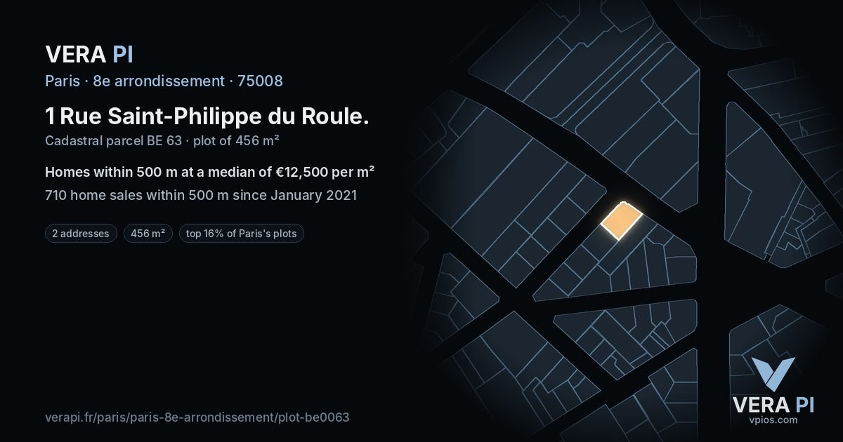 1 Rue Saint-Philippe du Roule, 8e arrondissement at night – the plot lit, the parcels around coloured by the prices near them