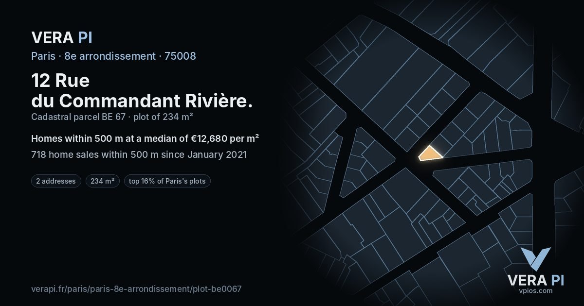 12 Rue du Commandant Rivière, 8e arrondissement at night – the plot lit, the parcels around coloured by the prices near them