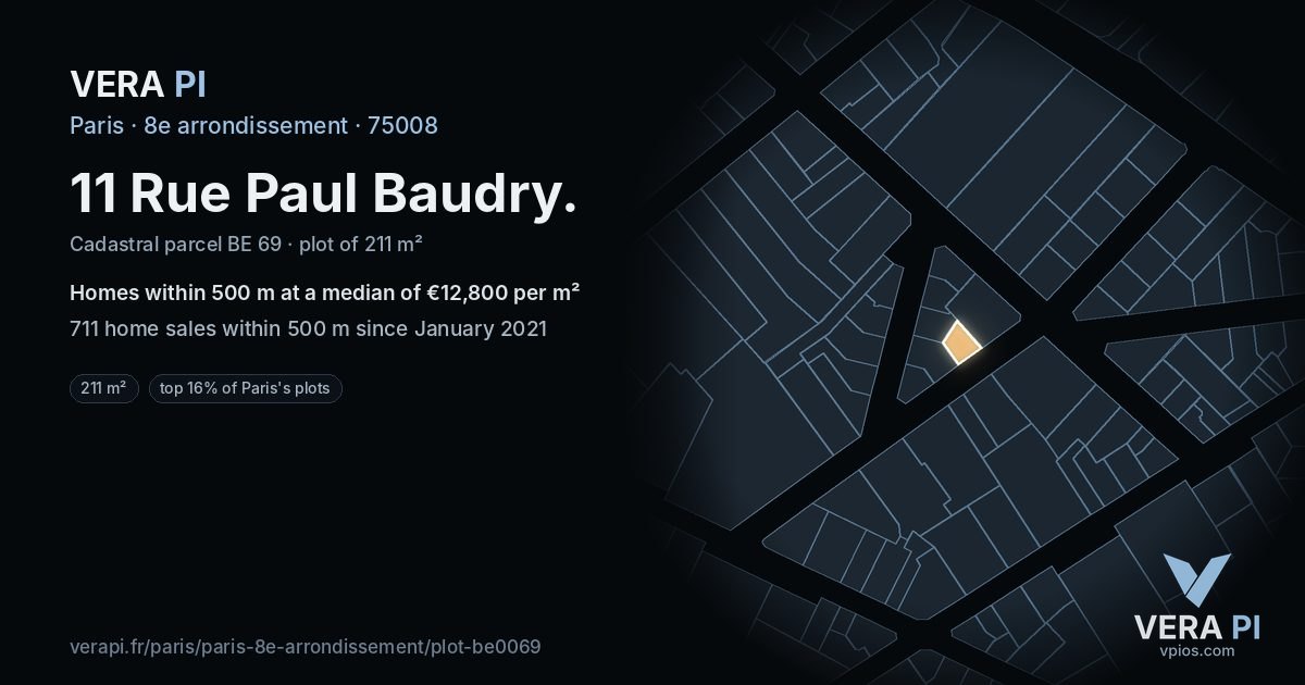 11 Rue Paul Baudry, 8e arrondissement at night – the plot lit, the parcels around coloured by the prices near them