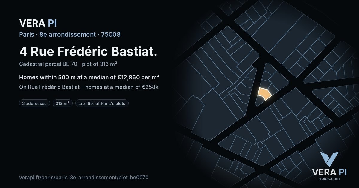 4 Rue Frédéric Bastiat, 8e arrondissement at night – the plot lit, the parcels around coloured by the prices near them