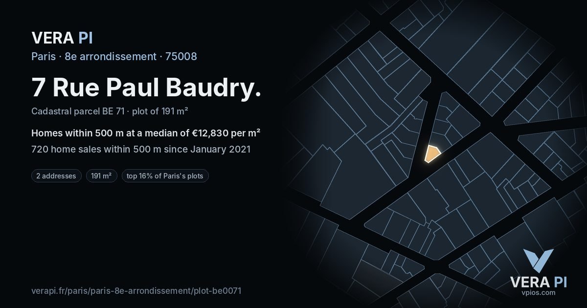7 Rue Paul Baudry, 8e arrondissement at night – the plot lit, the parcels around coloured by the prices near them