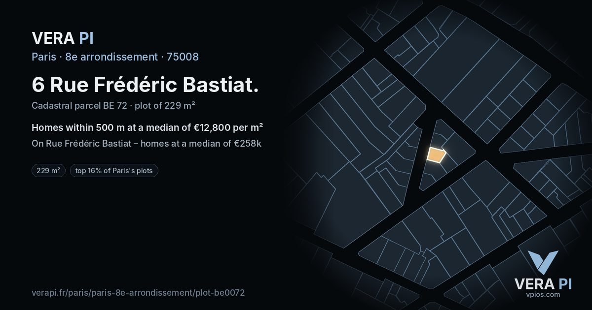 6 Rue Frédéric Bastiat, 8e arrondissement at night – the plot lit, the parcels around coloured by the prices near them