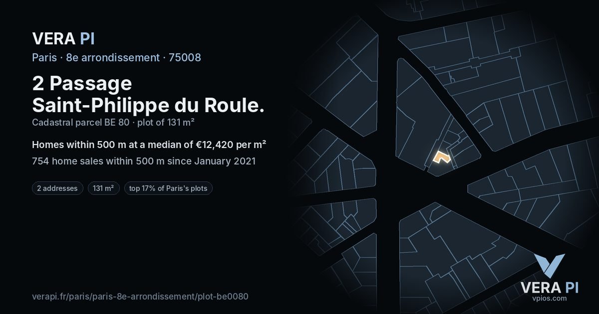 2 Passage Saint-Philippe du Roule, 8e arrondissement at night – the plot lit, the parcels around coloured by the prices near them