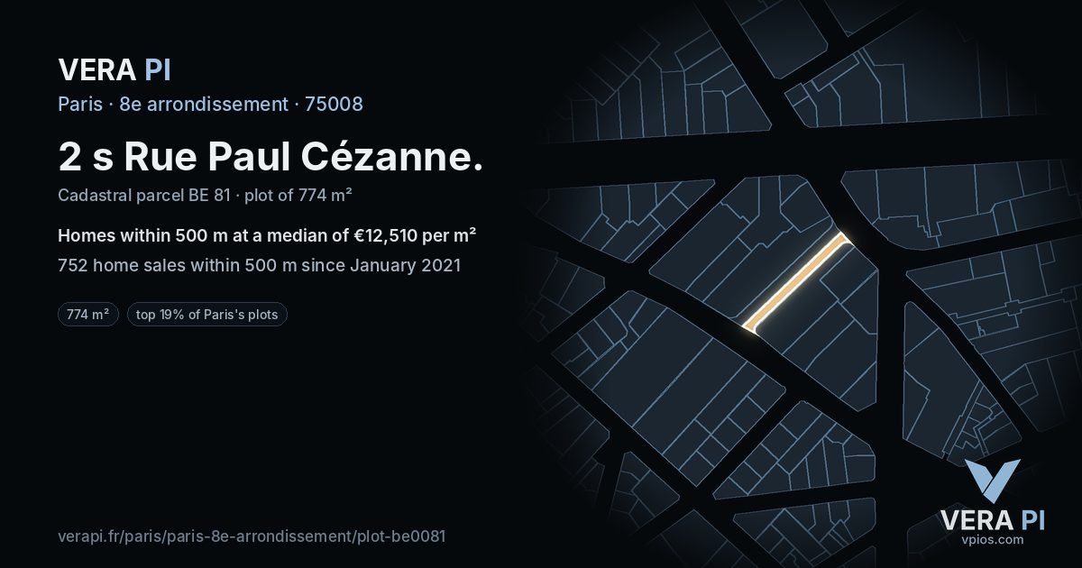 2 s Rue Paul Cézanne, 8e arrondissement at night – the plot lit, the parcels around coloured by the prices near them