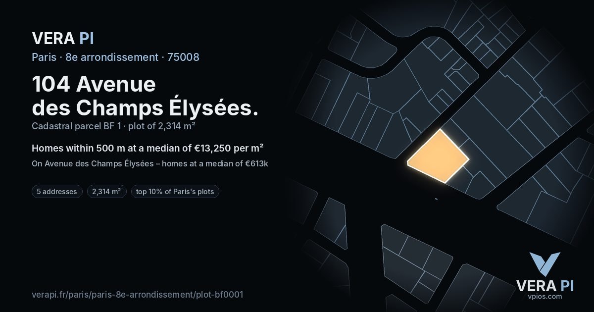 104 Avenue des Champs Élysées, 8e arrondissement at night – the plot lit, the parcels around coloured by the prices near them
